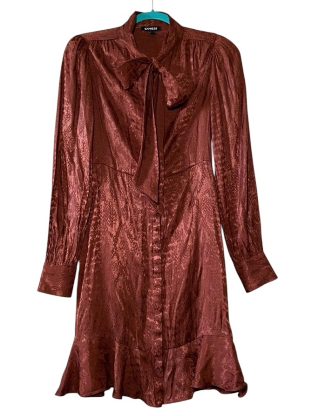 Express Women's Rust Satin Tie-Neck Long Sleeve Dress